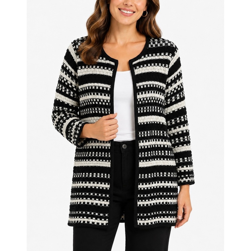 Chico's Cardigan Women 2 Black White Striped Basketweave Open Front Sweater L